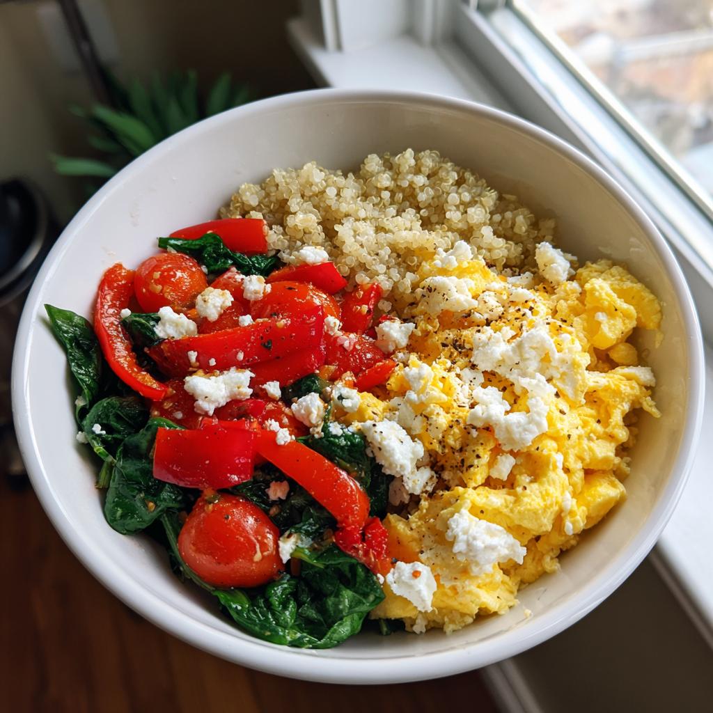 Cheese and veggie breakfast bowl with scrambled eggs, quinoa, spinach, cherry tomatoes, and red bell peppers.