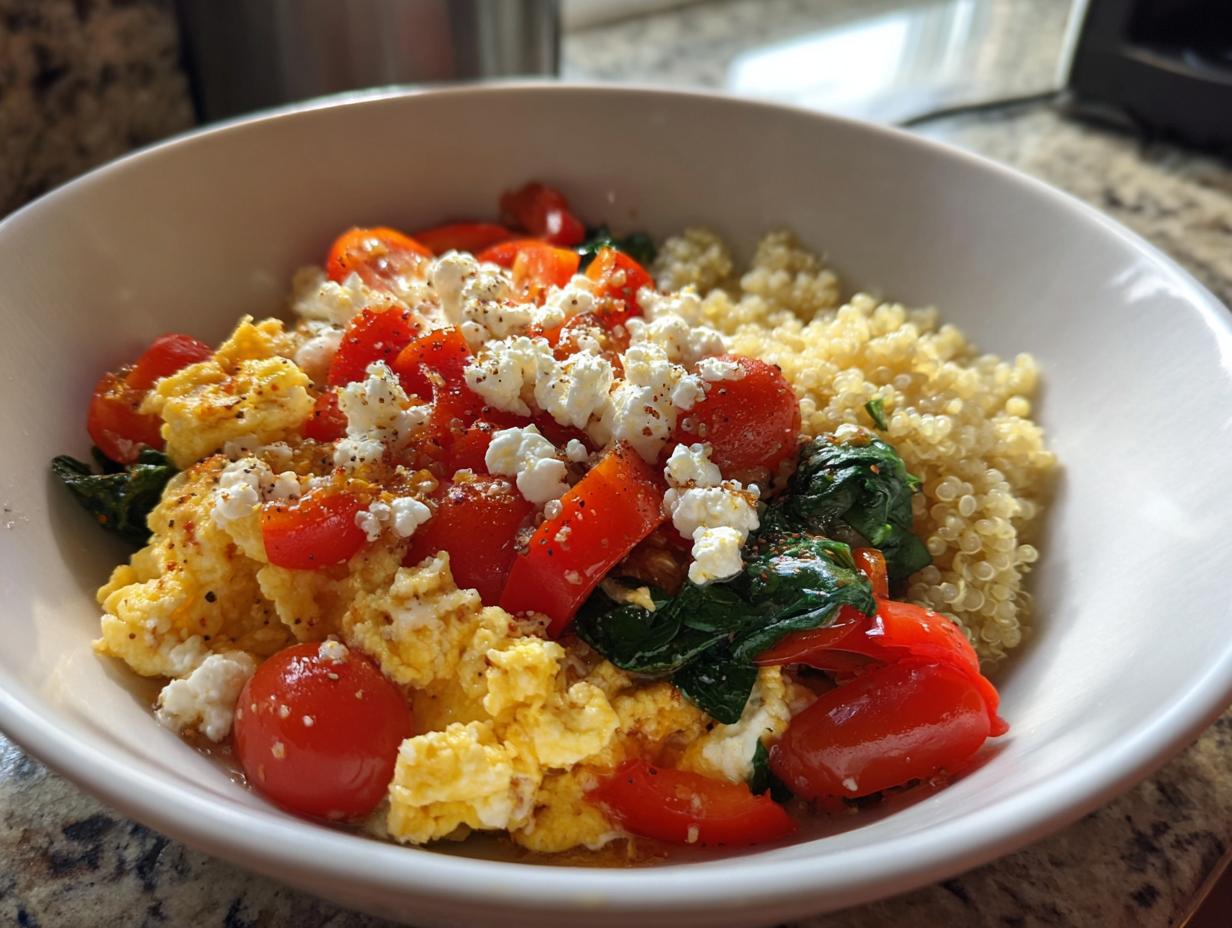 Cheese and veggie breakfast bowl with scrambled eggs, cherry tomatoes, spinach, quinoa, and cottage cheese