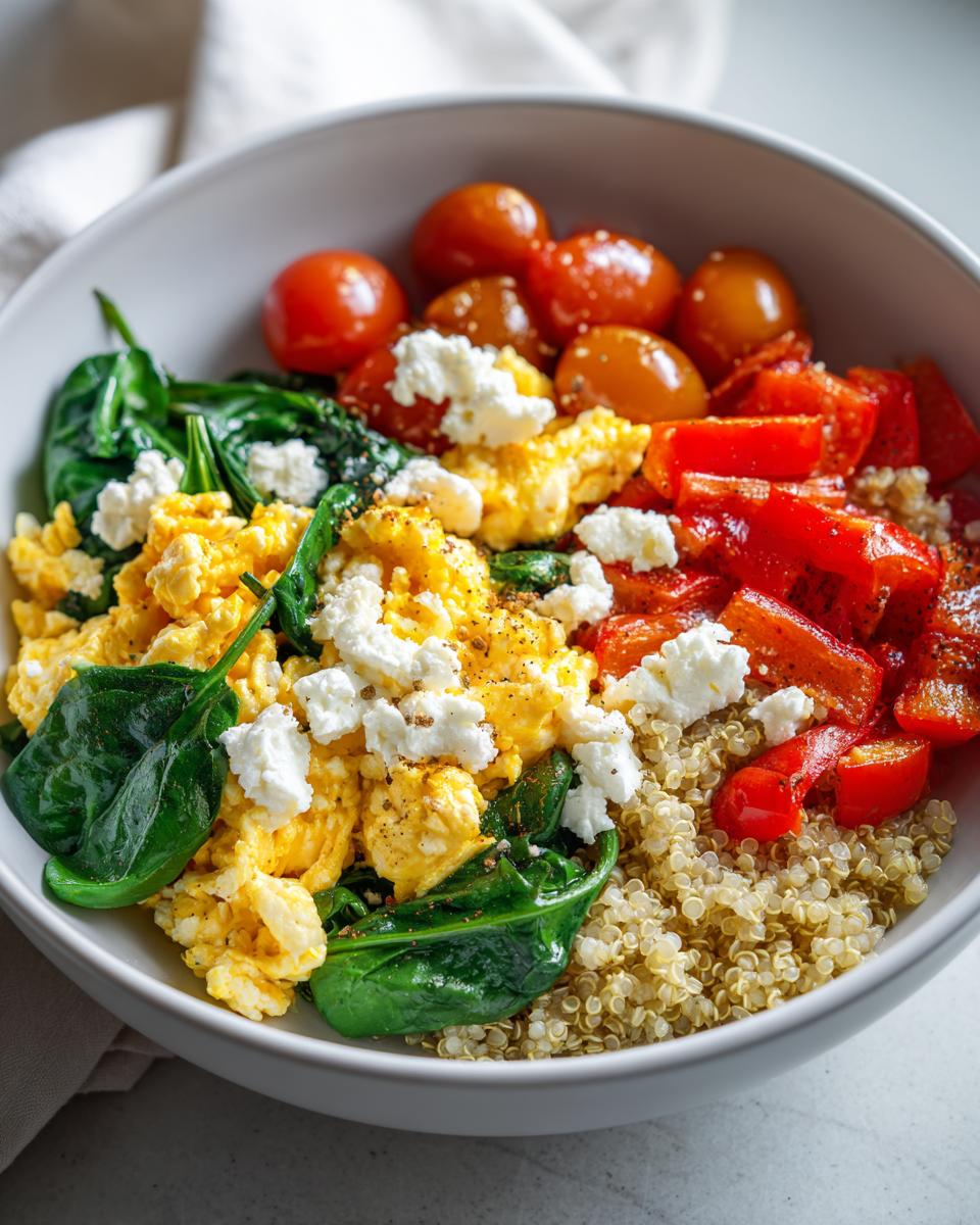 Cheese and veggie breakfast bowl with scrambled eggs, spinach, cherry tomatoes, red bell peppers, quinoa, and crumbled cheese.