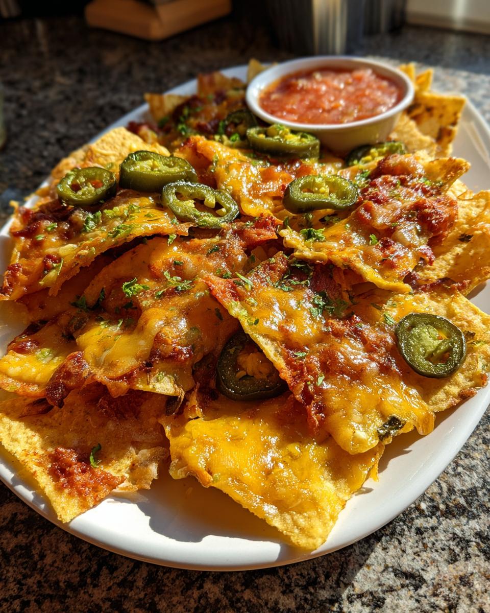Plate of cheesy nachos topped with jalapeños and served with a side of salsa, perfect spring break party food.