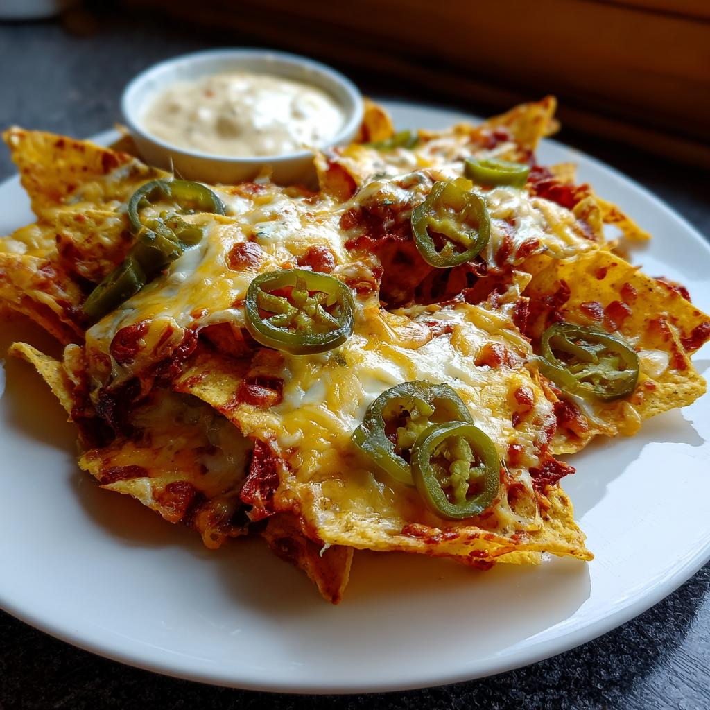 Plate of cheesy nachos topped with jalapeños served with a creamy dip, perfect spring break party food.