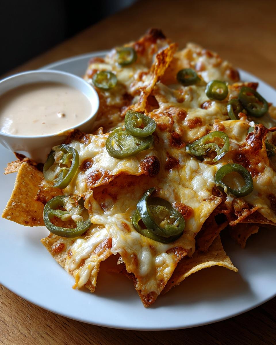 Plate of cheesy nachos topped with sliced jalapeños and a side of creamy dip, perfect spring break party food.