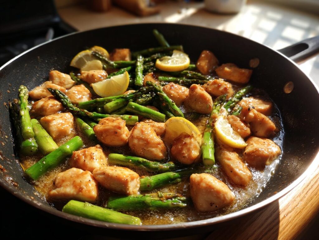 Chicken and asparagus skillet with lemon slices cooking in a black pan