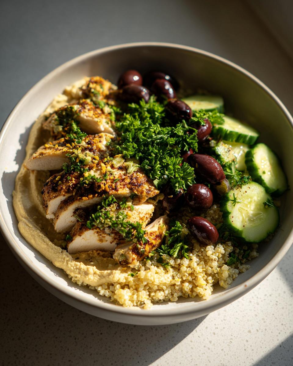 Chicken bowl with hummus and olives featuring grilled chicken, quinoa, cucumbers, and fresh parsley