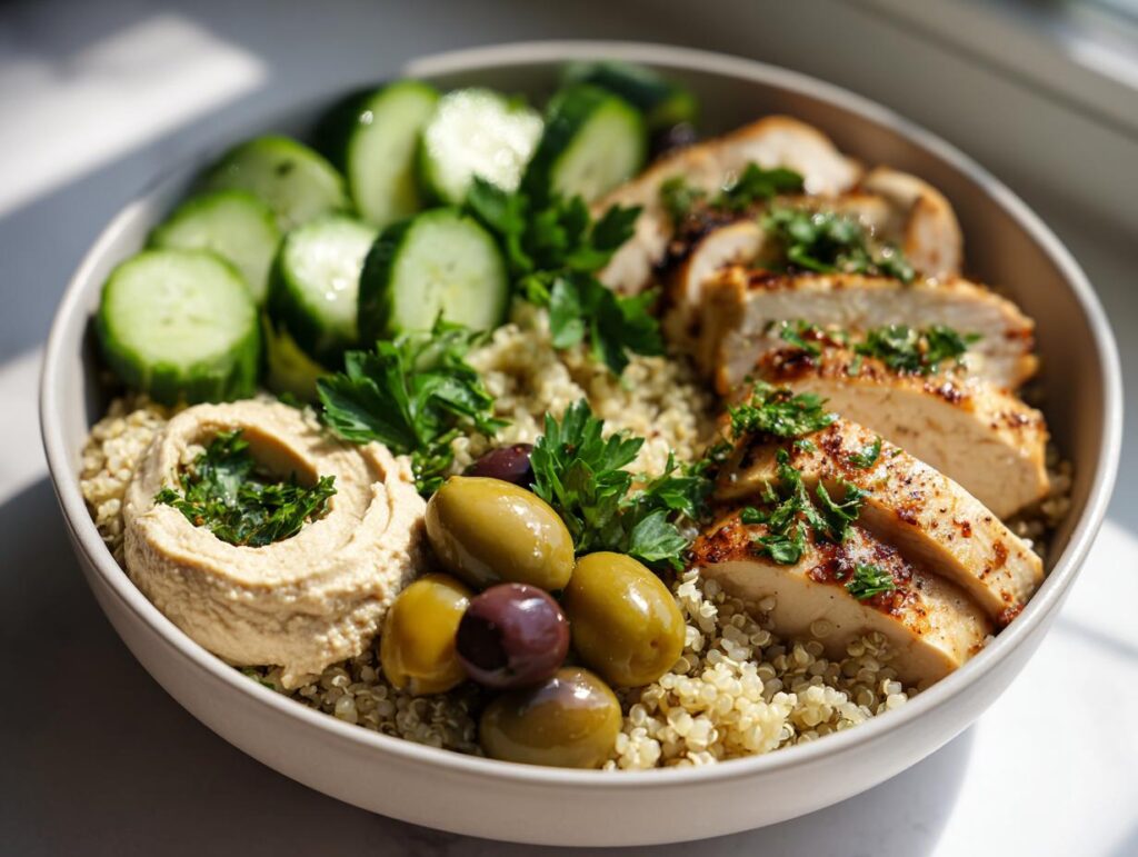 Close-up of chicken bowl with hummus and olives, quinoa, cucumber slices, and parsley garnish