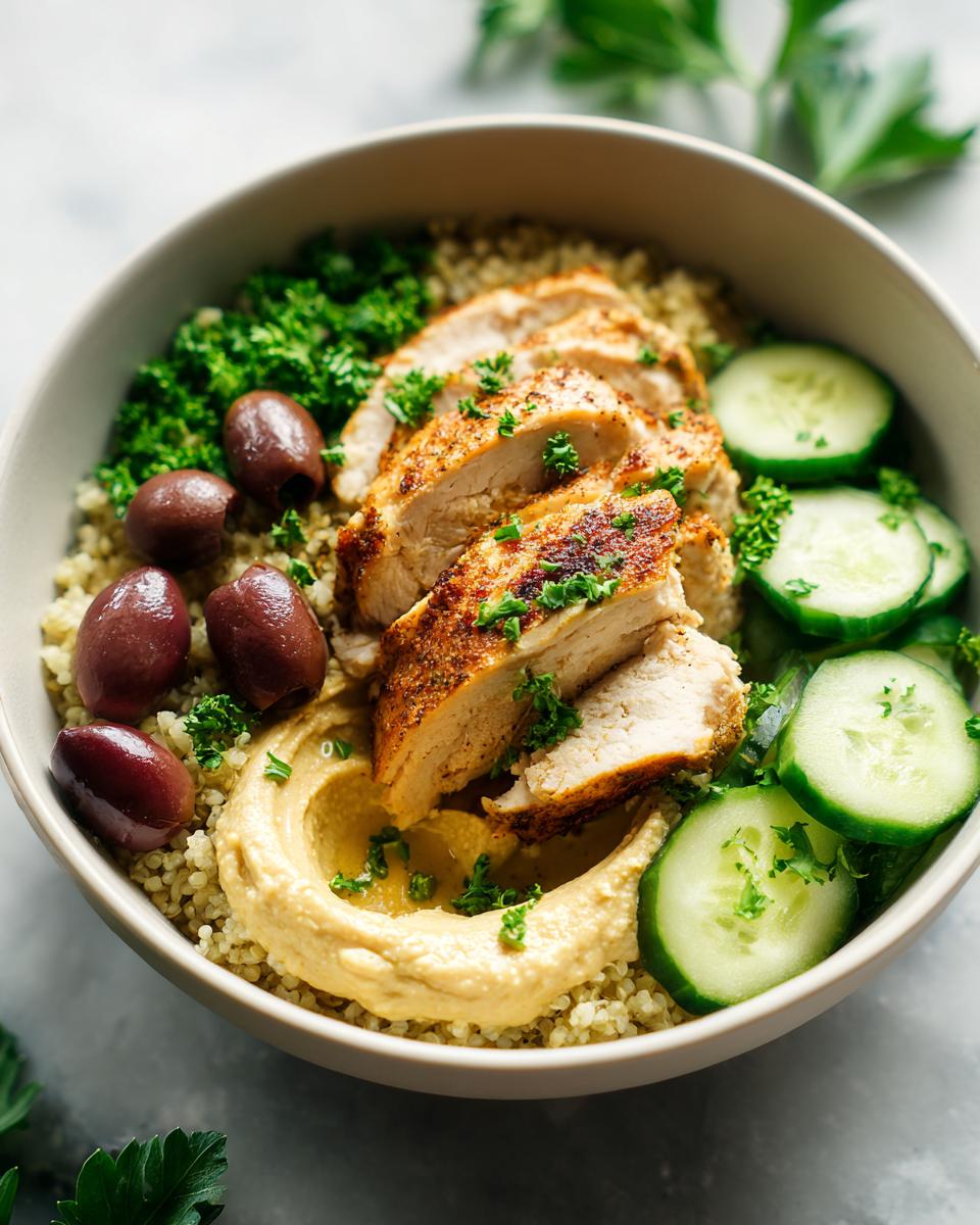 Close-up of a chicken bowl with hummus and olives, featuring grilled chicken, cucumber slices, and parsley.
