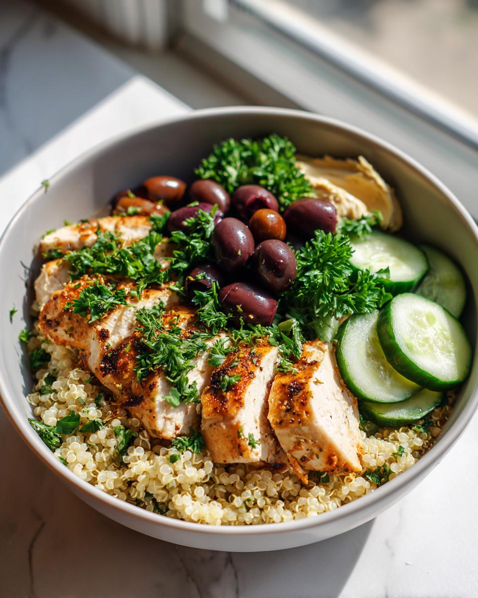 Close-up of a chicken bowl with hummus and olives, featuring grilled chicken, quinoa, cucumbers, and parsley.