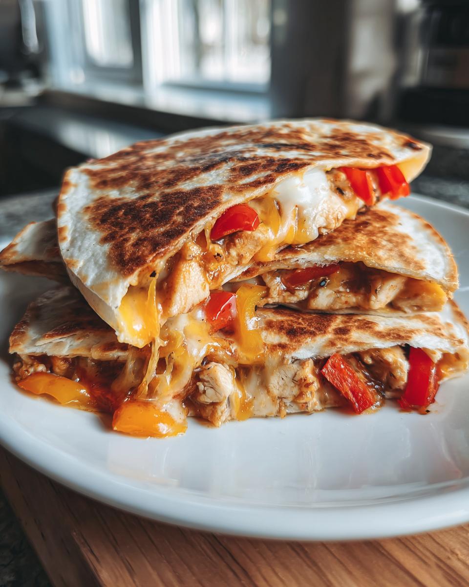 Close-up of crispy chicken quesadillas with melted cheese, red and yellow peppers, and onions on a white plate.