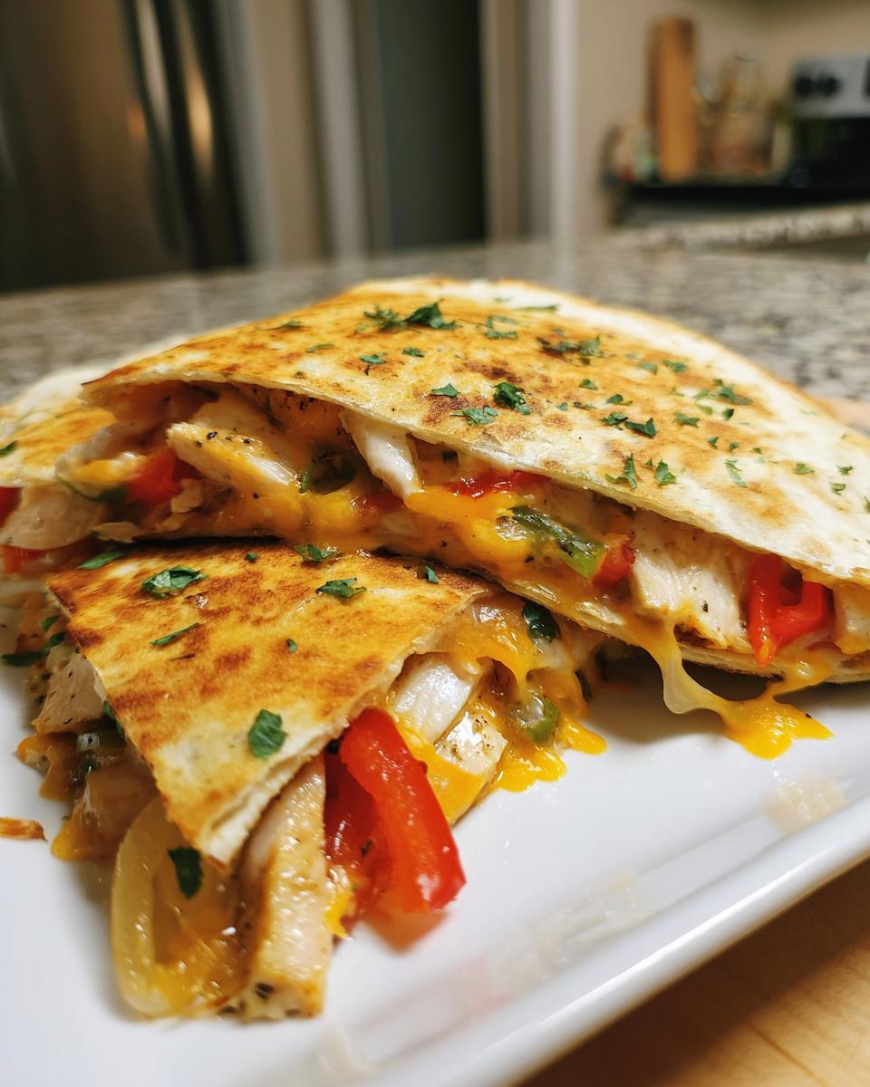 Close-up of crispy chicken quesadillas with melted cheese, red peppers, onions, and herbs on a white plate.