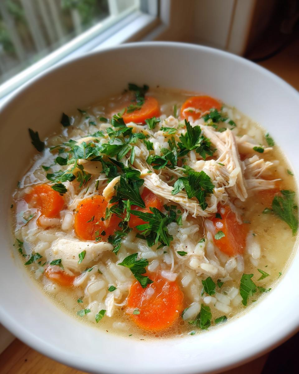 Bowl of chicken and rice soup light iftar with shredded chicken, rice, carrots, and fresh parsley.