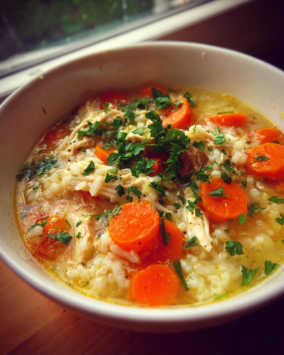 Bowl of chicken and rice soup light iftar with carrots and fresh herbs
