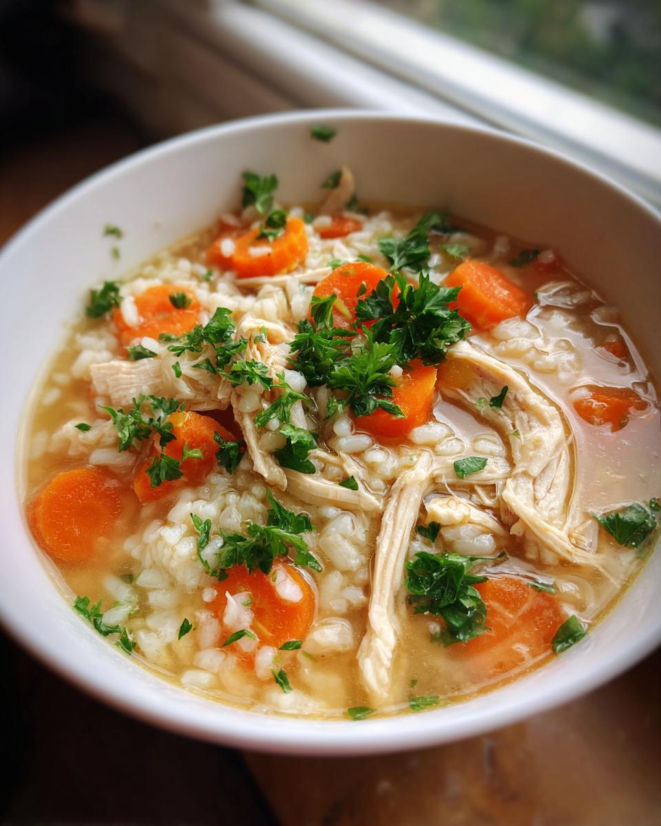Bowl of chicken and rice soup light iftar with carrots and fresh parsley garnish