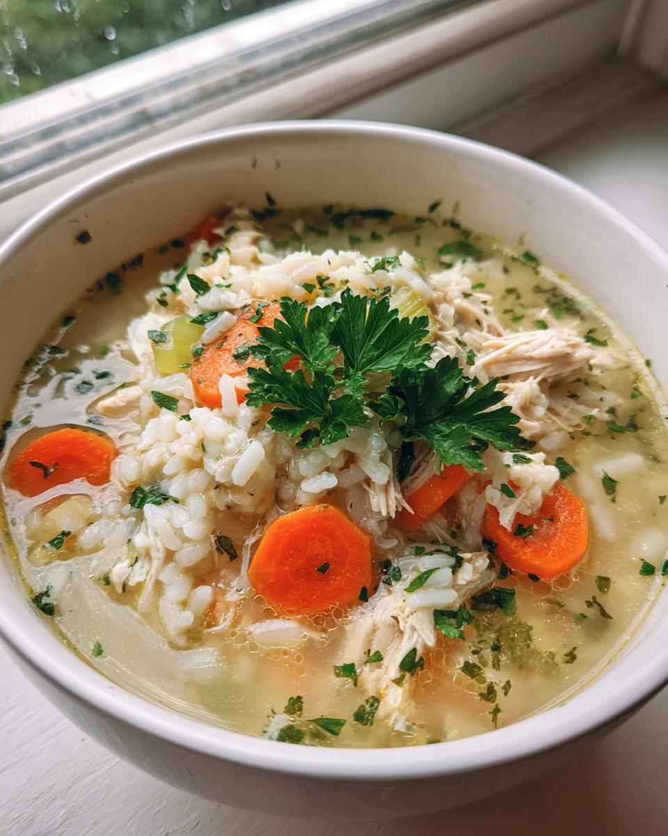 Bowl of chicken and rice soup light iftar with carrots, shredded chicken, and parsley garnish