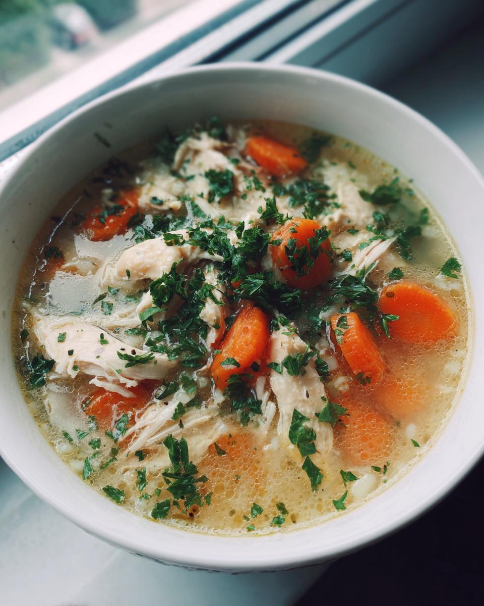 Bowl of chicken and rice soup light iftar with shredded chicken, carrots, and fresh herbs
