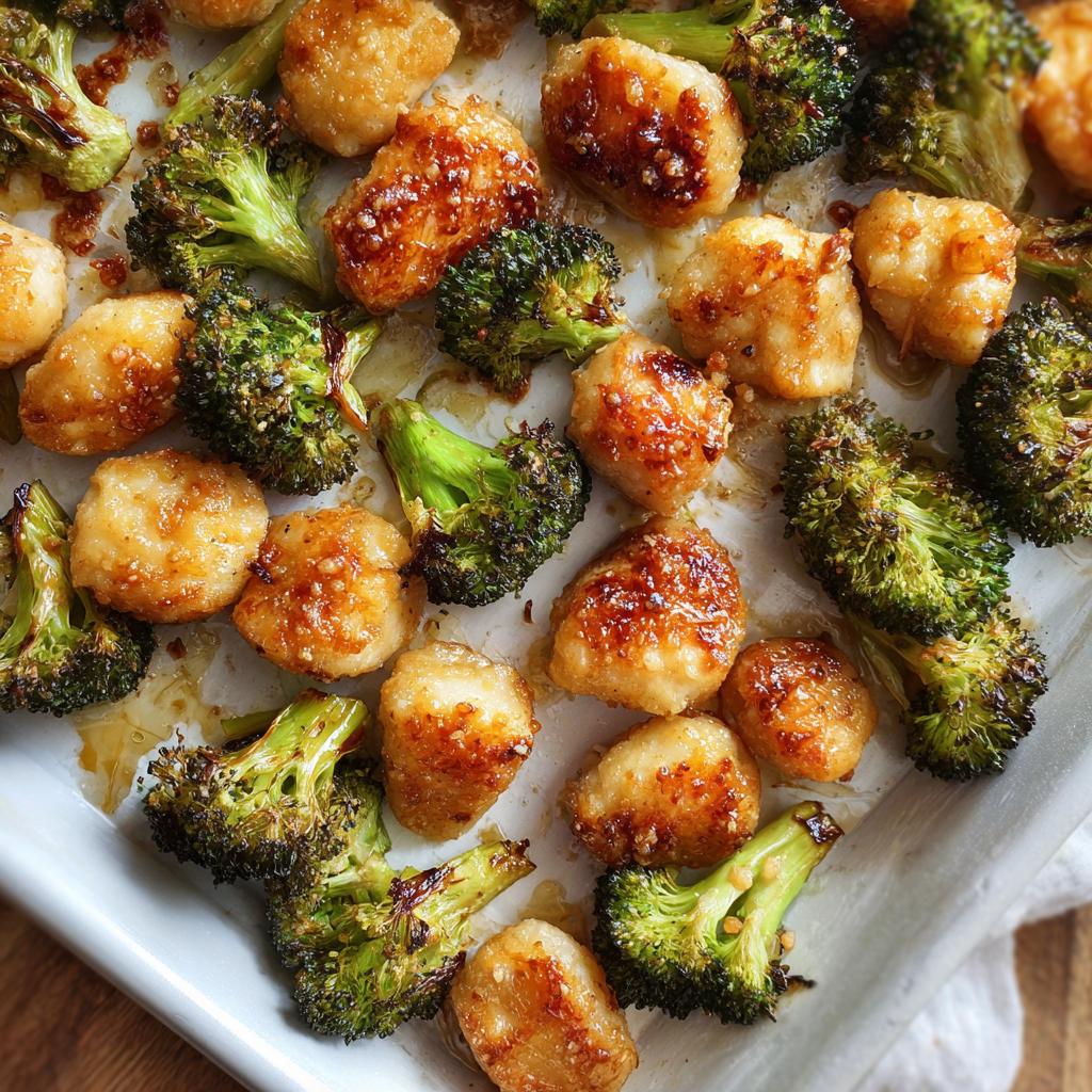 Crispy golden chicken bites and roasted broccoli on a sheet pan for chicken and roasted broccoli sheet pan dinner
