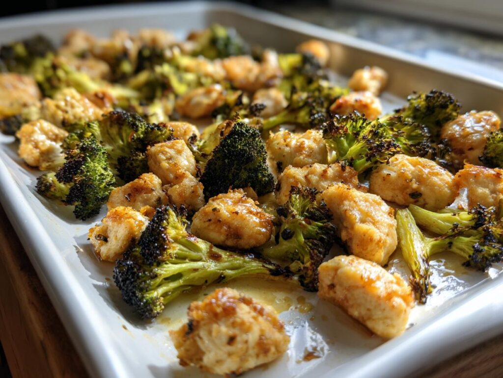 Sheet pan with golden chicken pieces and roasted broccoli florets cooked to perfection