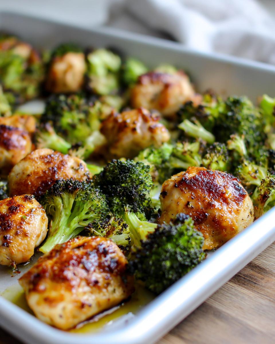 Close-up of juicy chicken pieces and roasted broccoli on a sheet pan.