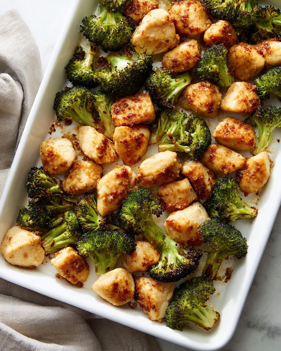 Sheet pan with golden chicken pieces and roasted broccoli florets.