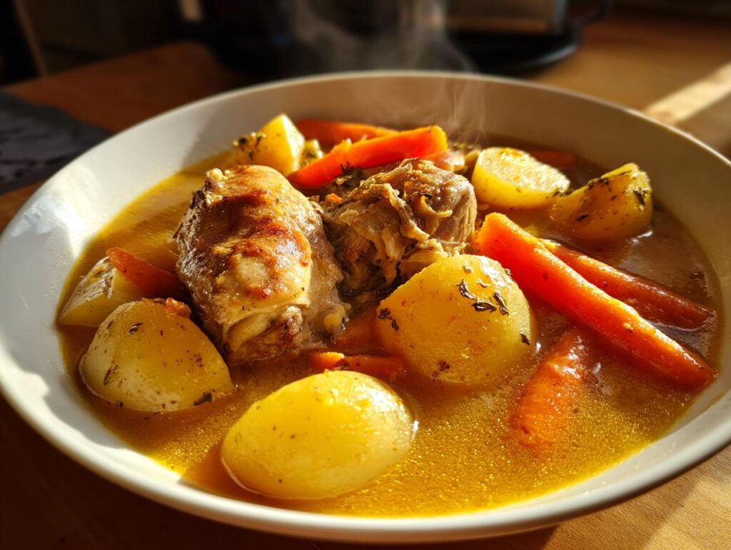 Bowl of steaming chicken stew with potatoes and carrots in a savory broth.
