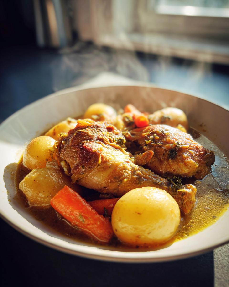 Bowl of steaming chicken stew with potatoes and carrots in savory broth