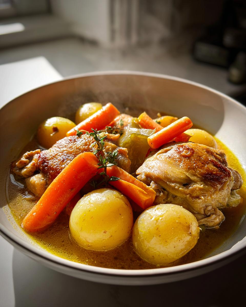 Bowl of chicken stew with potatoes and carrots garnished with fresh herbs.