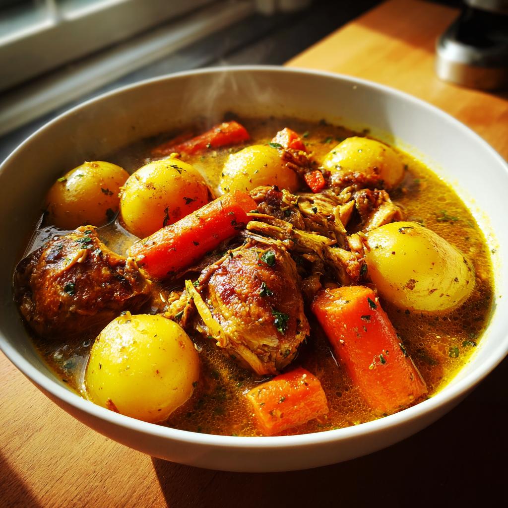 Bowl of steaming chicken stew with potatoes and carrots in rich broth.