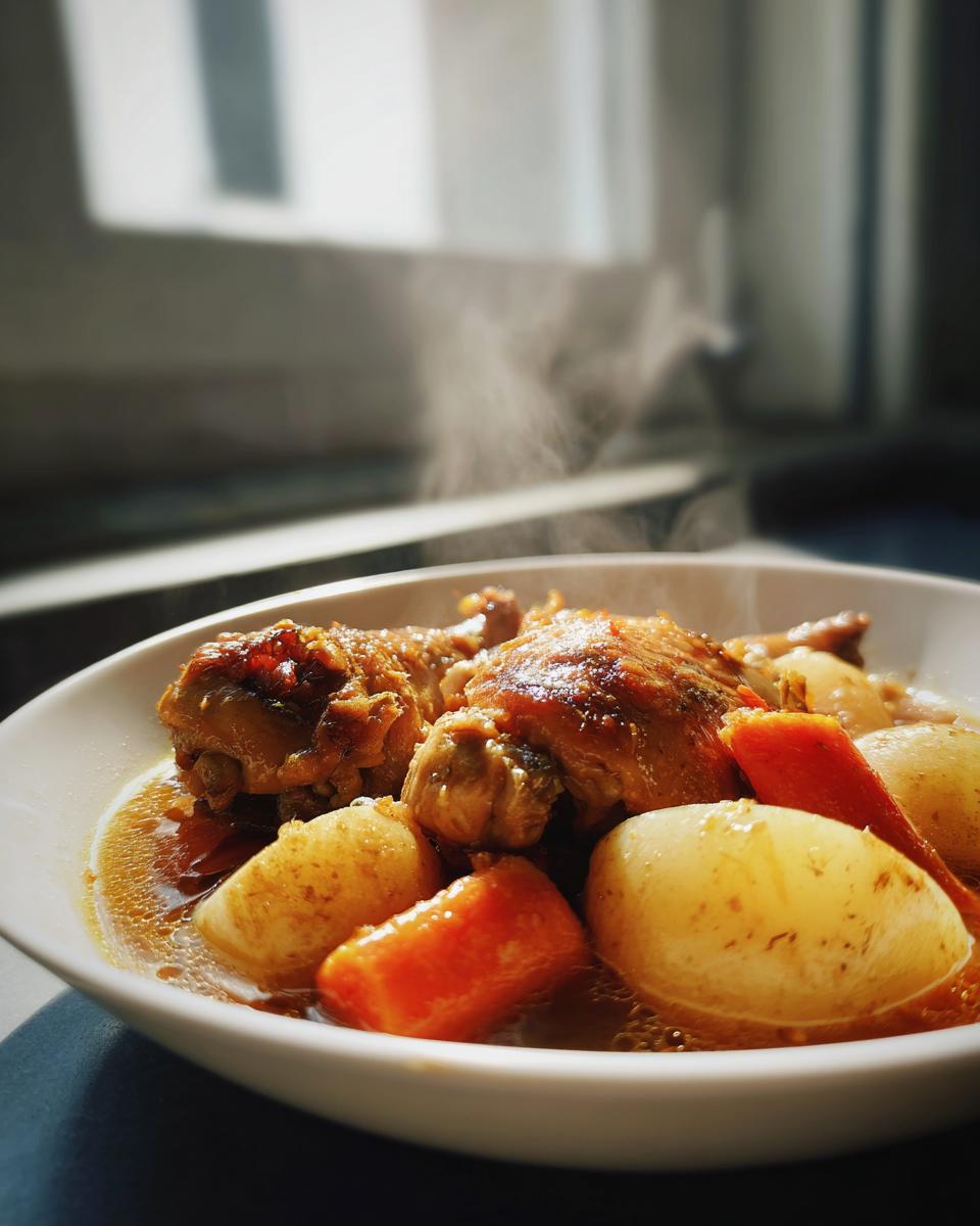 A bowl of steaming chicken stew with potatoes and carrots in a savory broth.