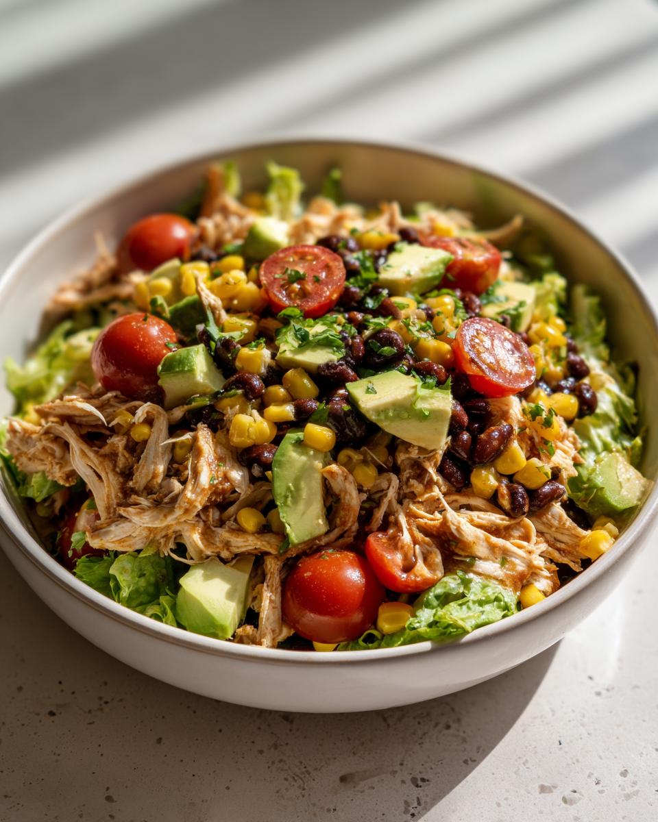 Bowl of chicken taco salad with corn, black beans, cherry tomatoes, avocado, and lettuce