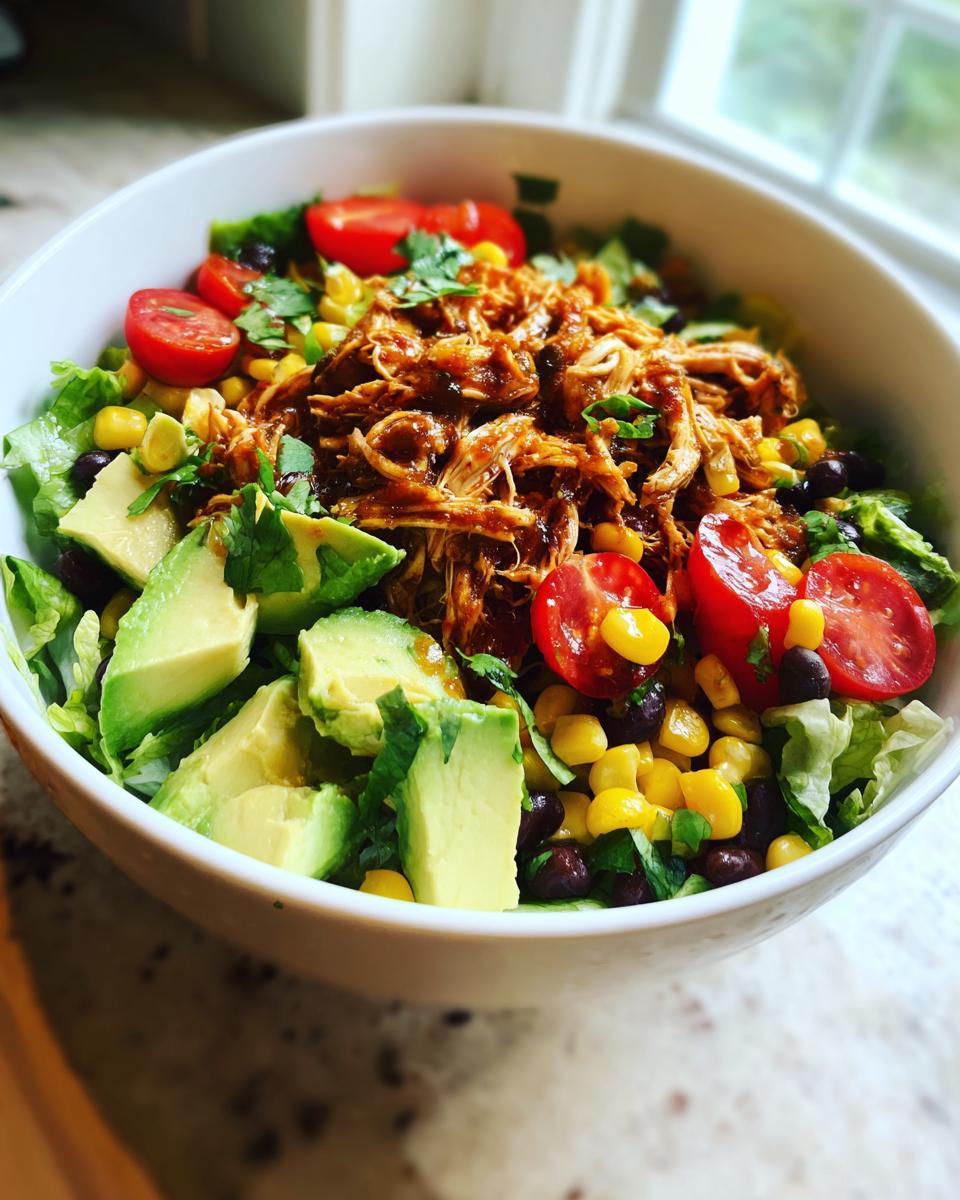 Bowl of chicken taco salad with corn, black beans, avocado, cherry tomatoes, and lettuce