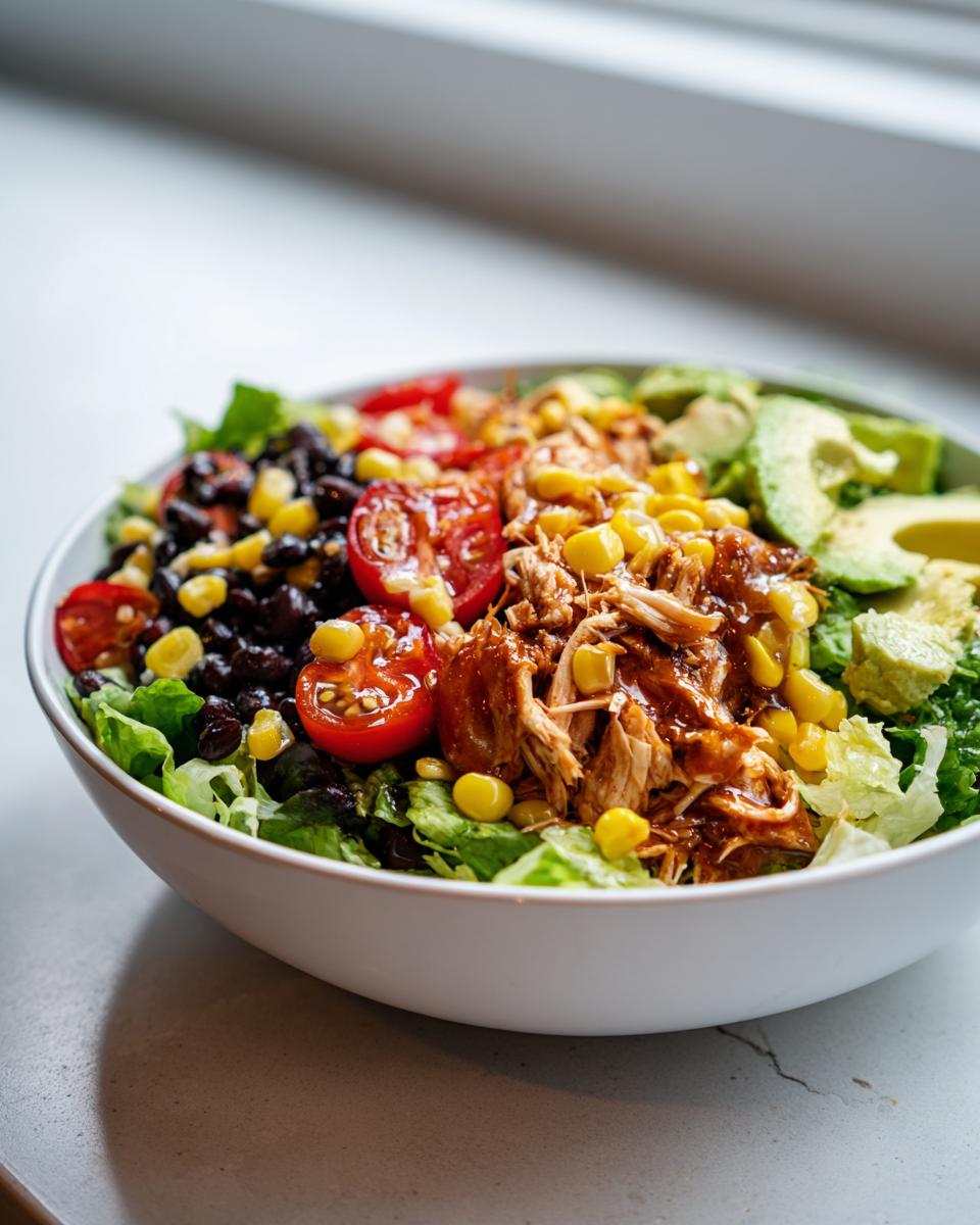 Bowl of chicken taco salad with corn, black beans, cherry tomatoes, avocado, and lettuce