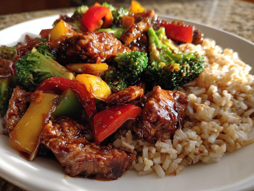 Plate of chicken veggie stir fry with broccoli, bell peppers, and brown rice