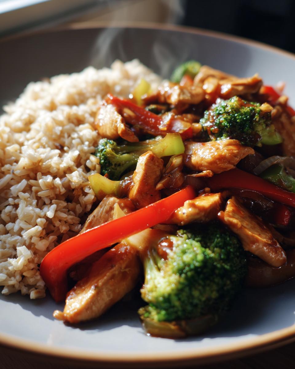 Plate of chicken veggie stir fry with broccoli, red peppers, and brown rice steaming hot