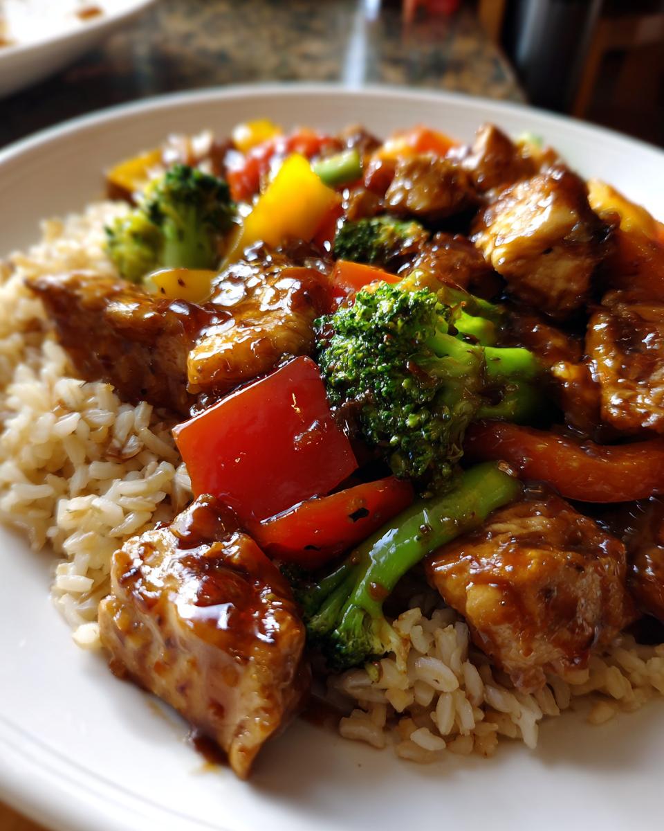 Close-up of chicken veggie stir fry with brown rice featuring broccoli, bell peppers, and glazed chicken pieces.