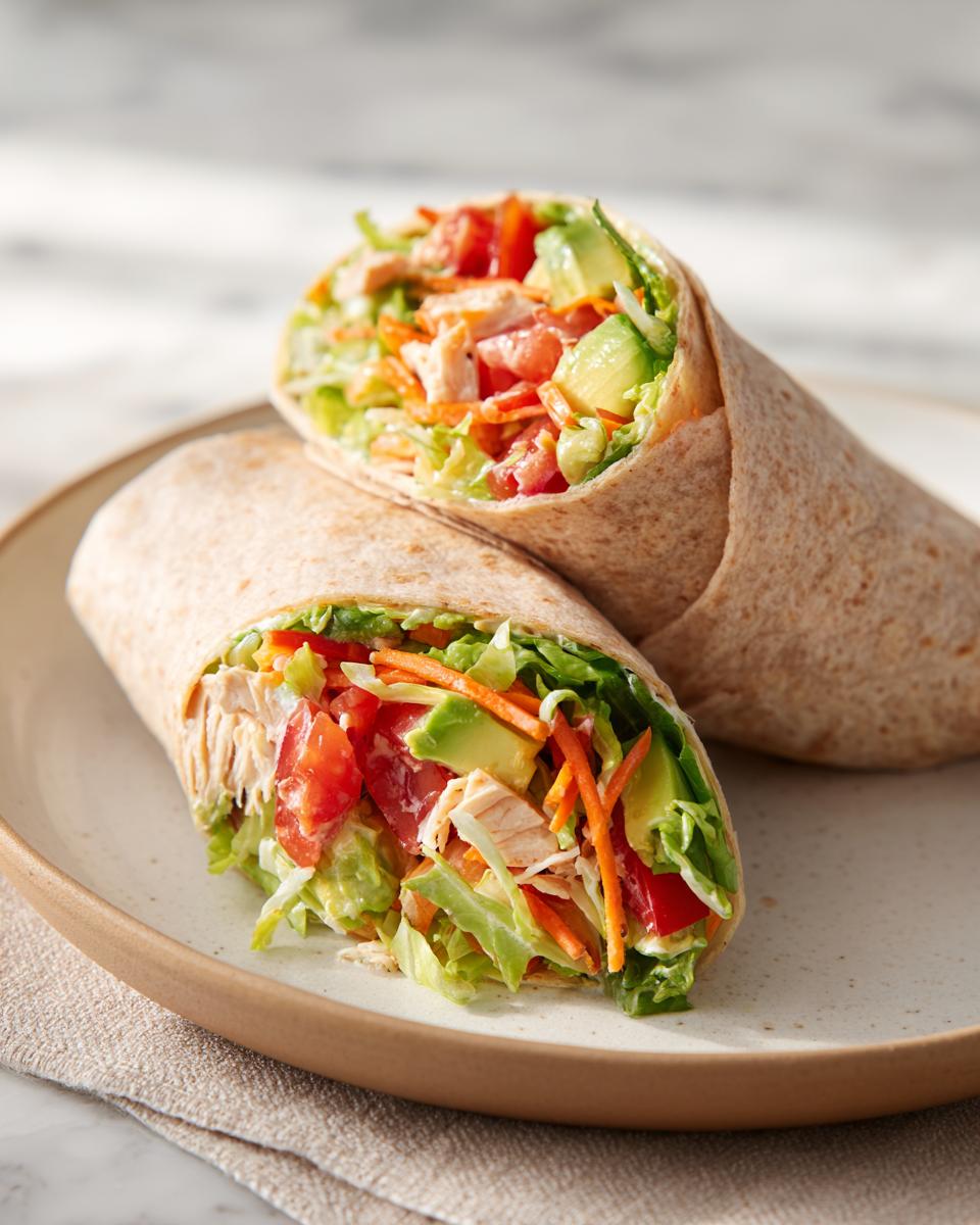 Chicken and vegetable wrap cut in half on a plate, showcasing fresh ingredients in a whole wheat tortilla.