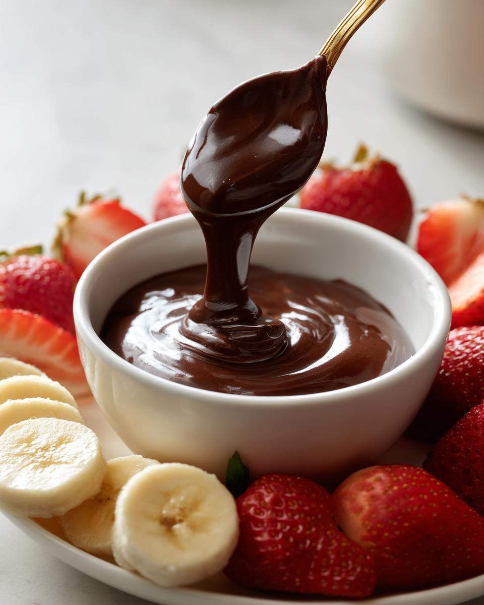 Spoon dipping into smooth chocolate dessert dip surrounded by strawberries and banana slices