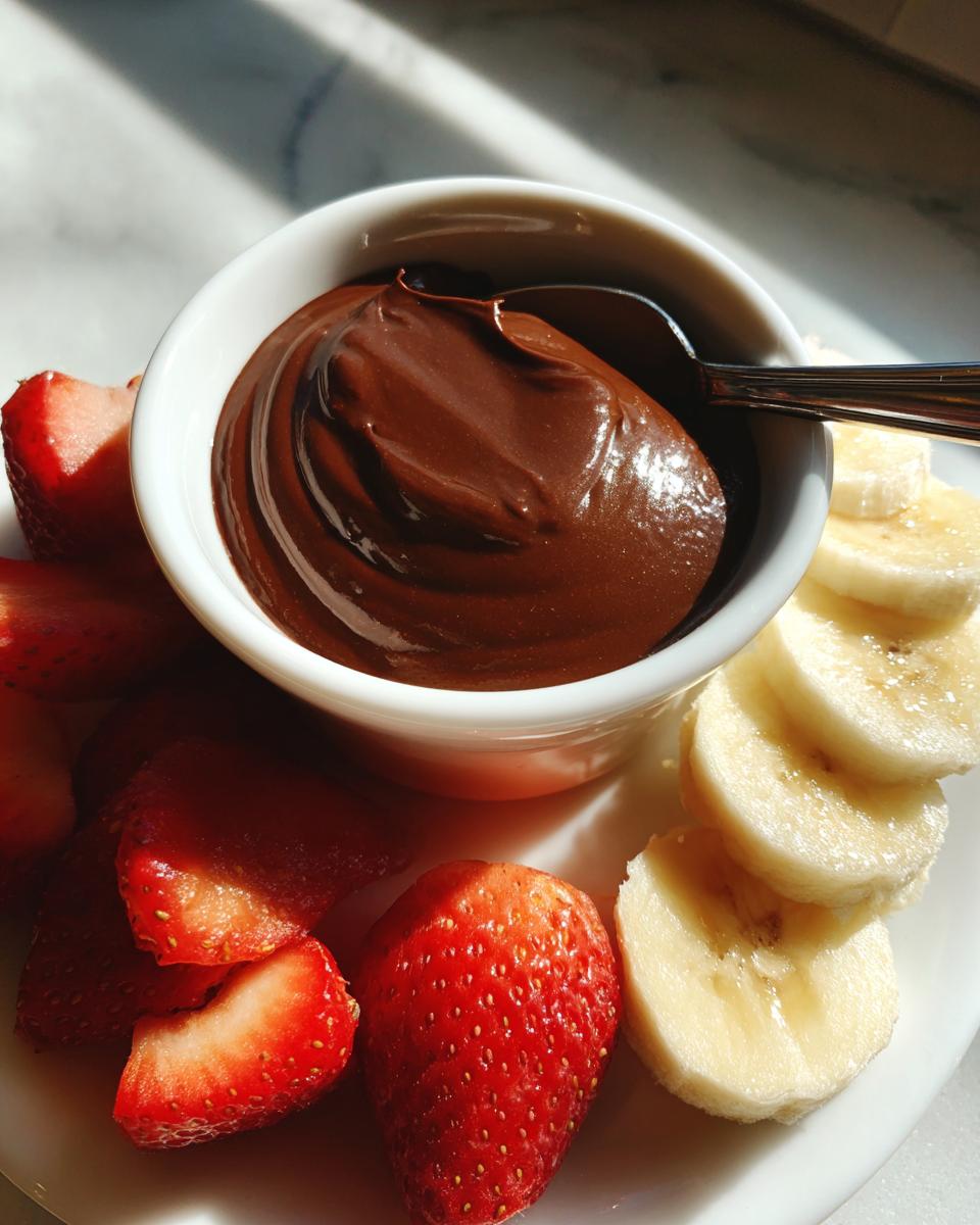 Bowl of smooth chocolate dessert dip with sliced strawberries and bananas on a plate