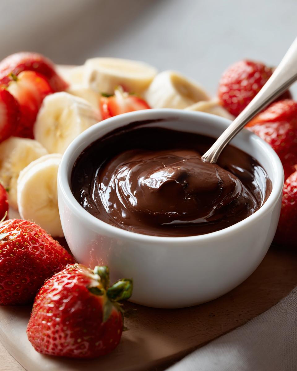 Bowl of chocolate dessert dip surrounded by fresh strawberries and banana slices with a spoon inside.