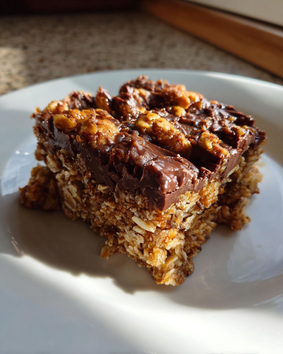 Close-up of a chocolate nut no bake dessert bar on a white plate