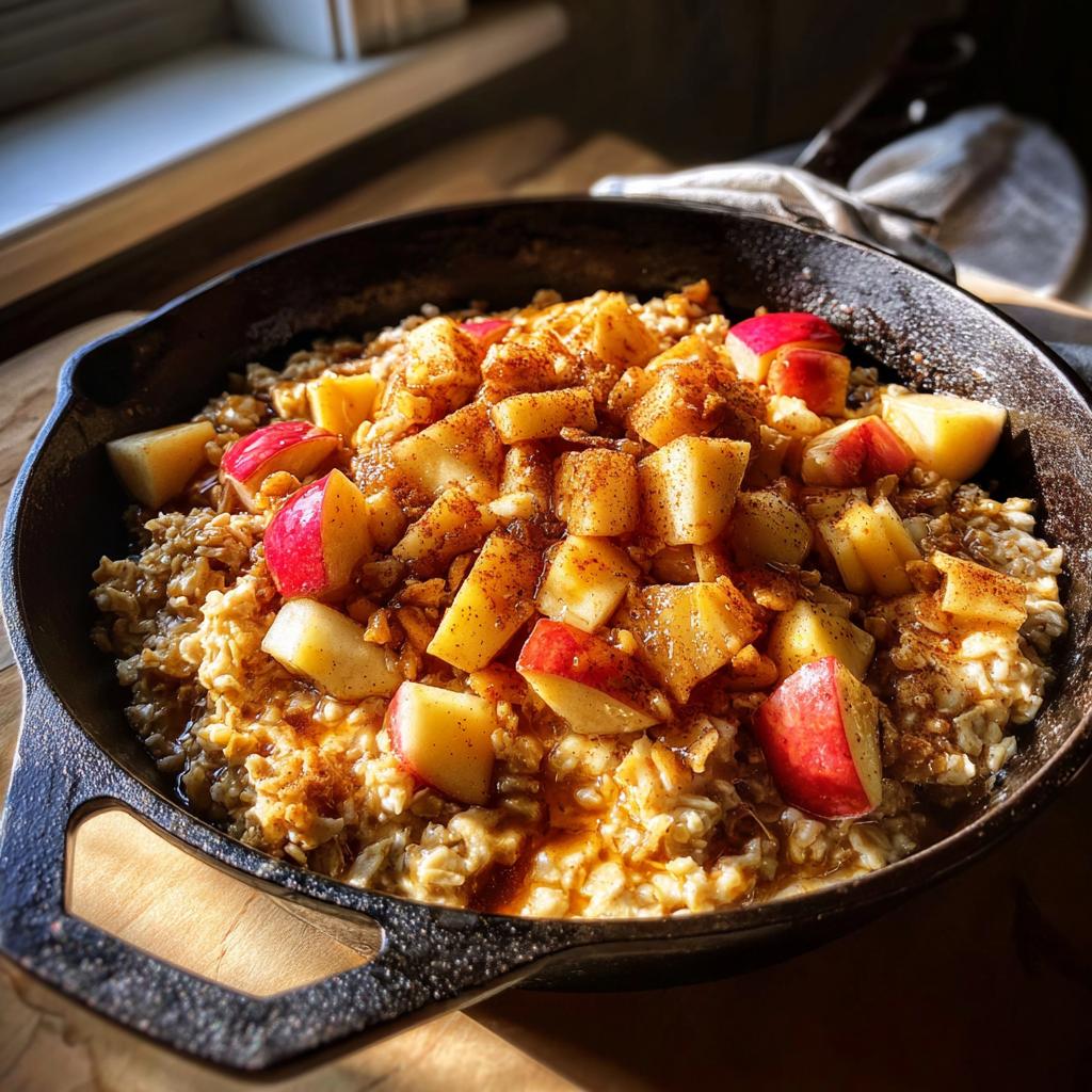 Cast iron skillet filled with cinnamon apple skillet oatmeal breakfast topped with chopped apples and cinnamon