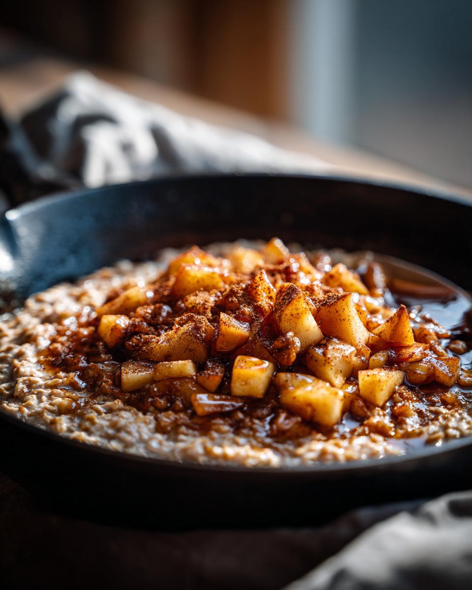 Cinnamon apple skillet oatmeal breakfast topped with spiced cooked apple chunks in a black skillet