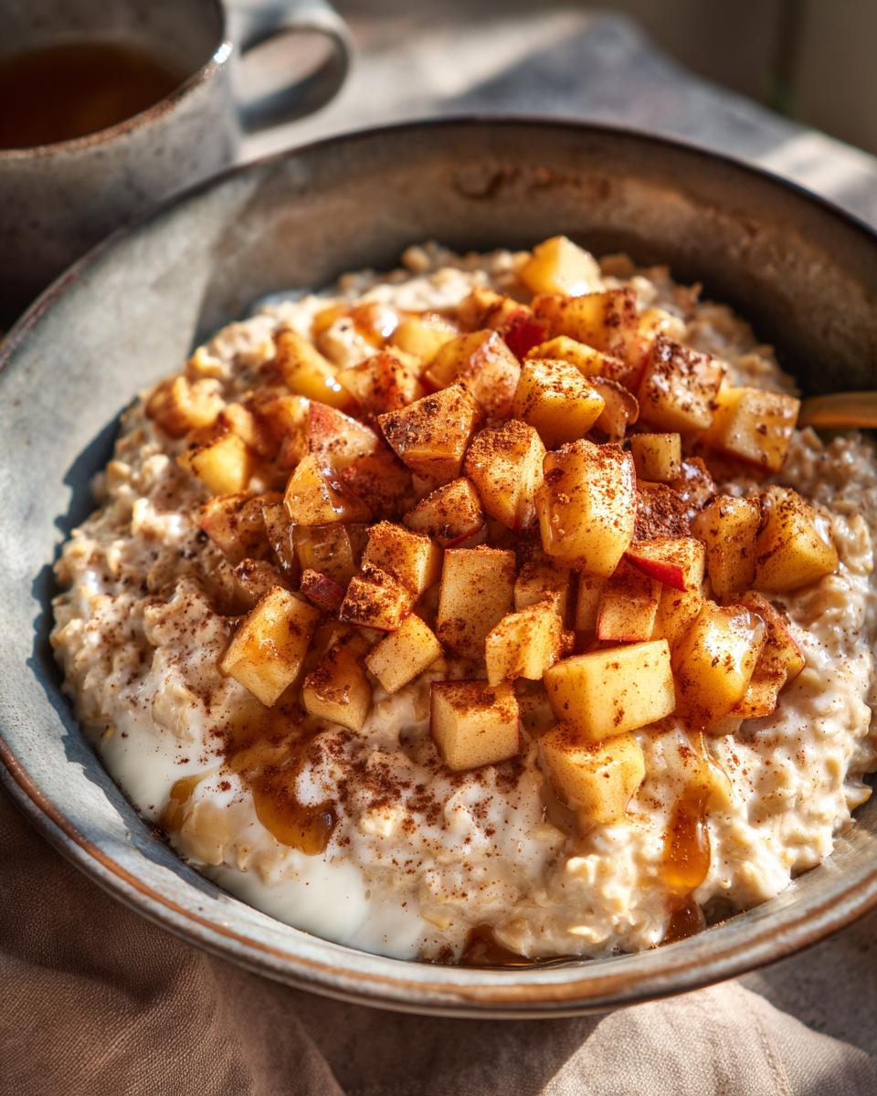 Bowl of cinnamon apple skillet oatmeal breakfast topped with diced apples and cinnamon.