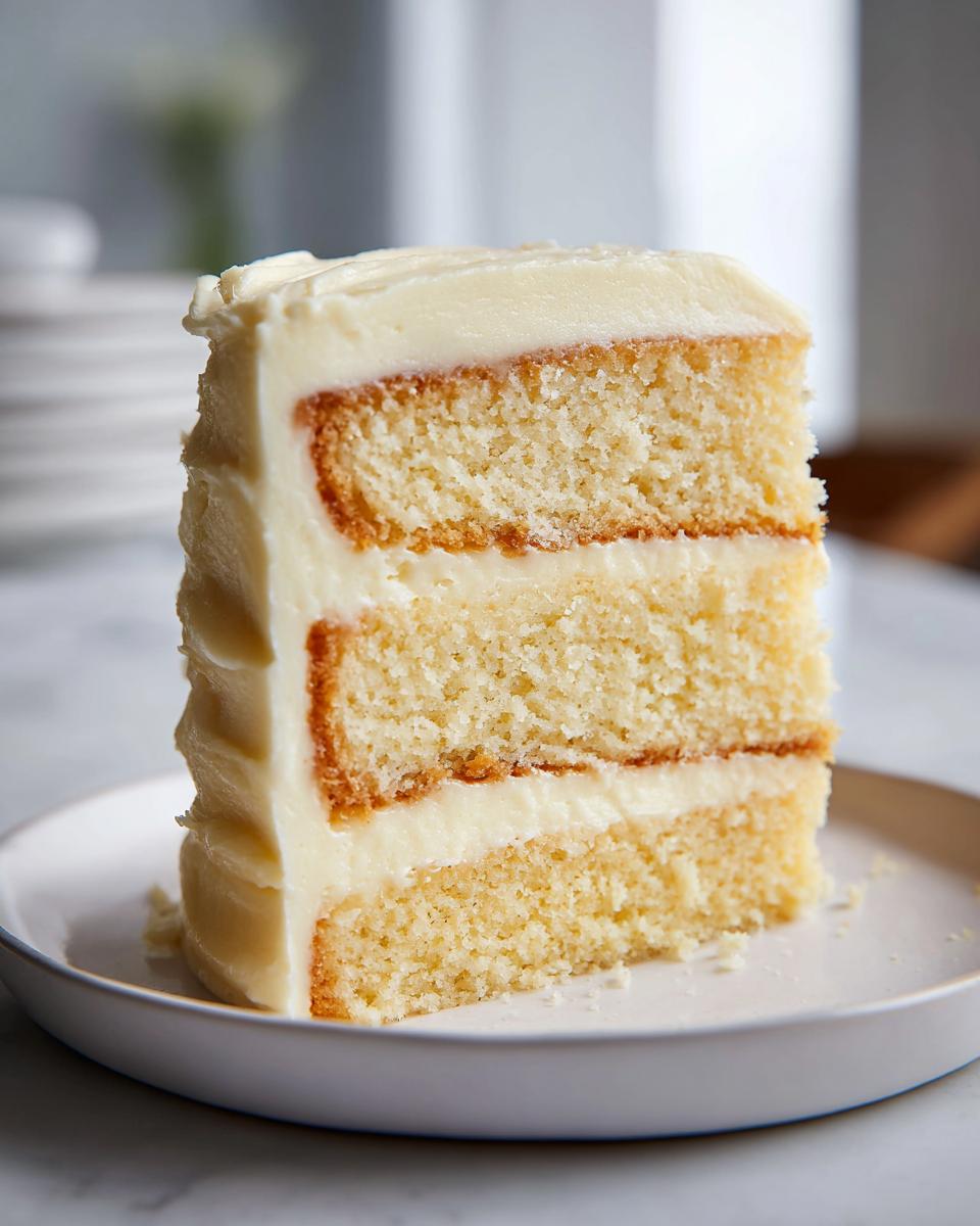 Close-up of a slice of classic layered cake with creamy frosting on a white plate, perfect for easter dessert recipes.