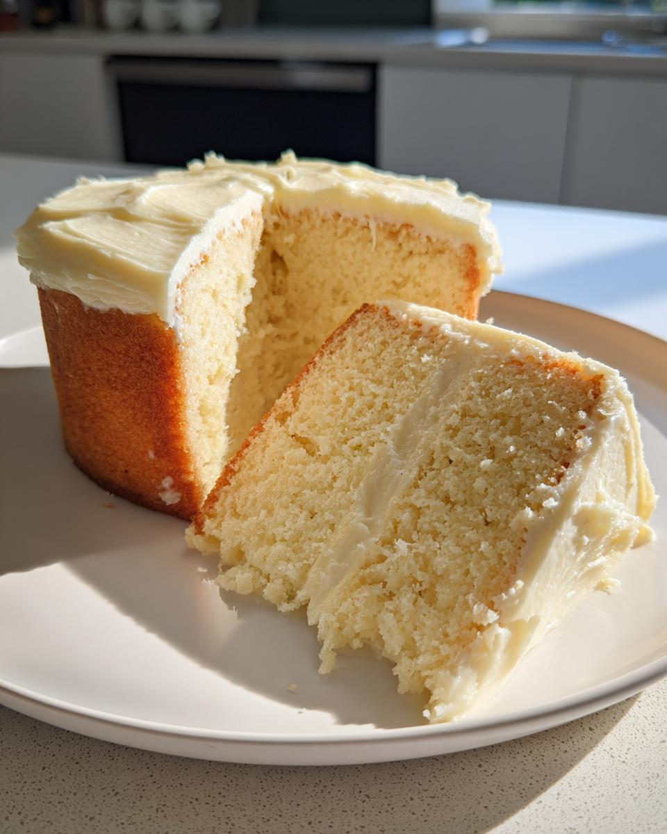 Slice of classic vanilla cake with creamy frosting on a white plate, perfect easter dessert recipes