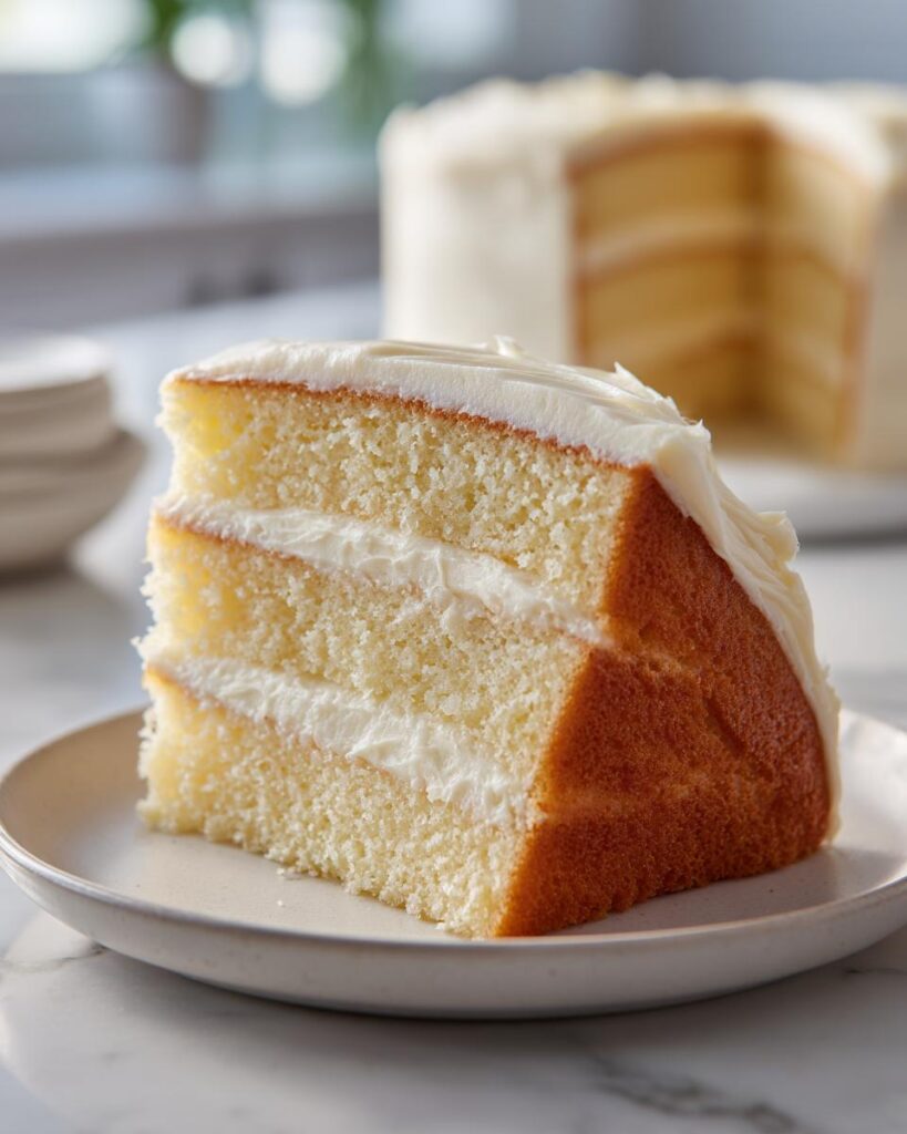 Slice of classic layered vanilla cake with white frosting on a plate for easter dessert recipes
