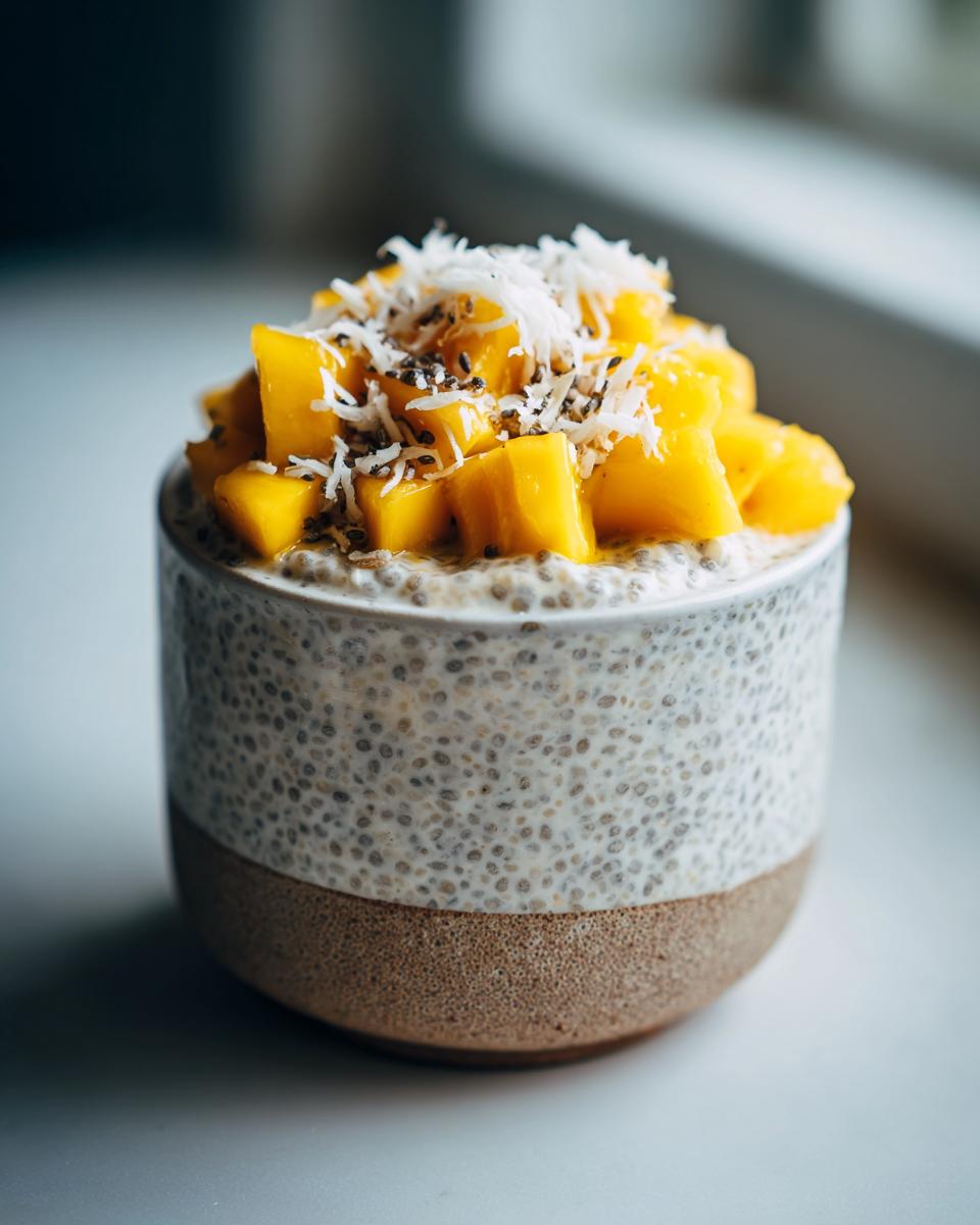 Close-up of coconut mango chia pudding suhoor topped with fresh mango chunks and shredded coconut