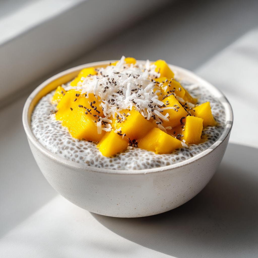 Bowl of coconut mango chia pudding suhoor topped with fresh mango chunks and shredded coconut