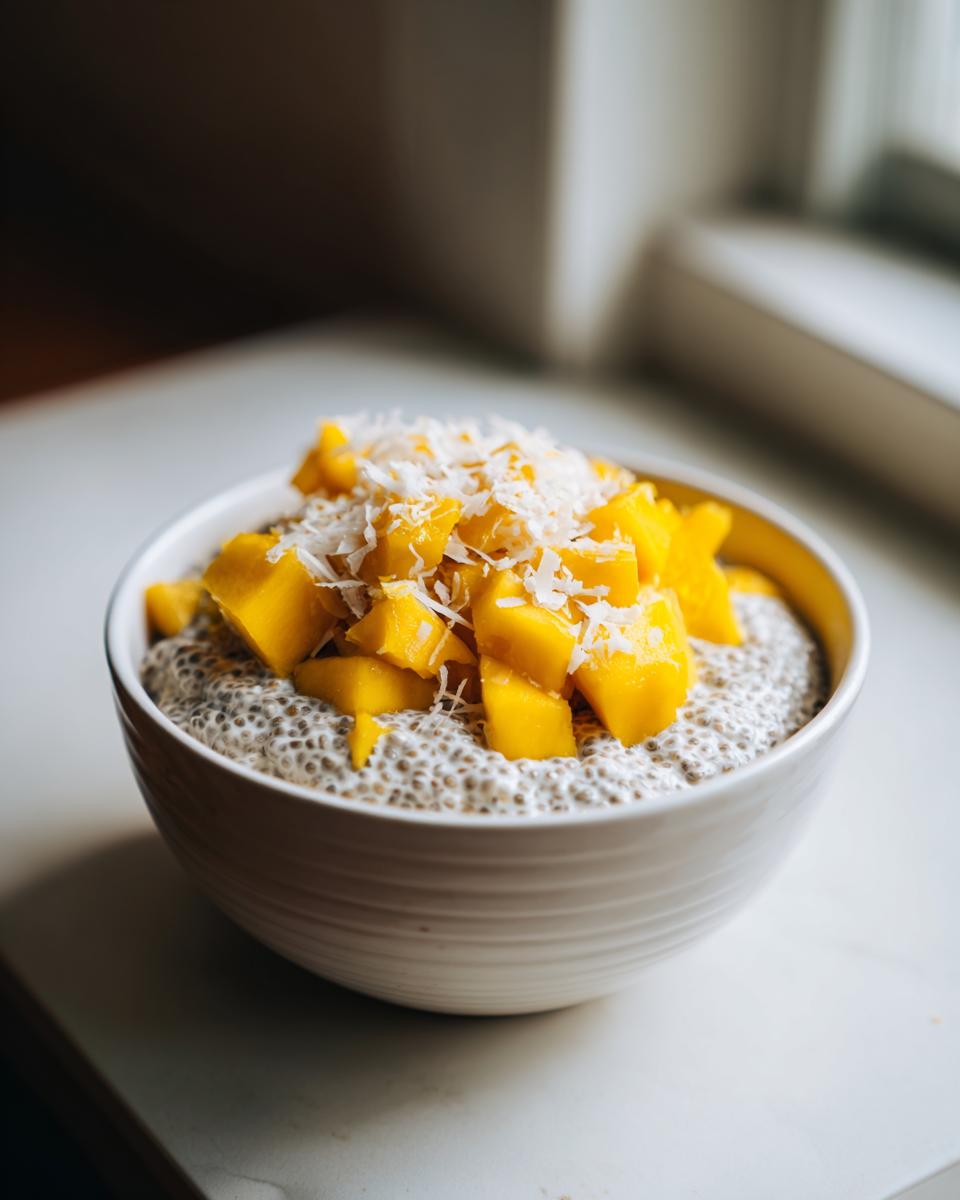 Bowl of coconut mango chia pudding suhoor topped with fresh mango chunks and shredded coconut.