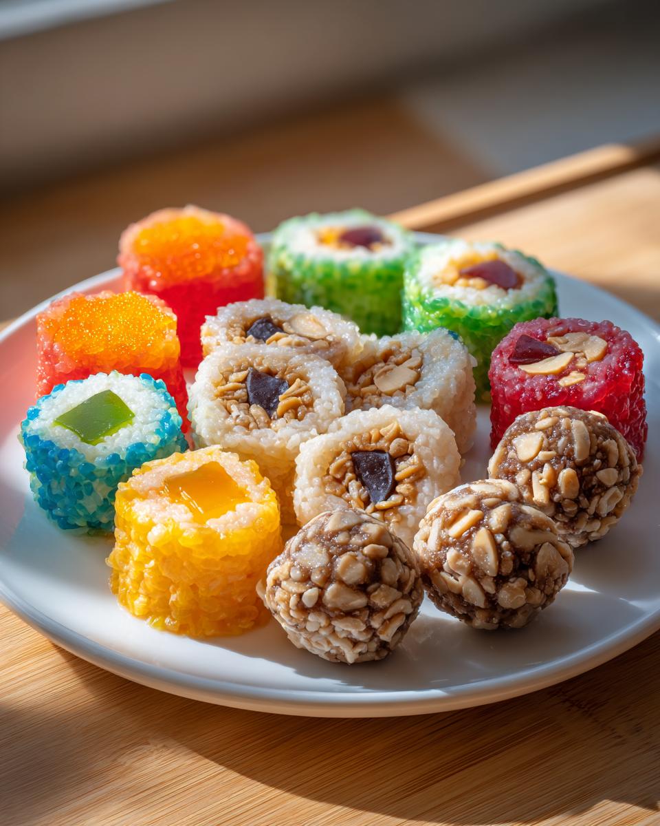 Plate of colorful april fool themed snacks resembling sushi rolls and nut balls.