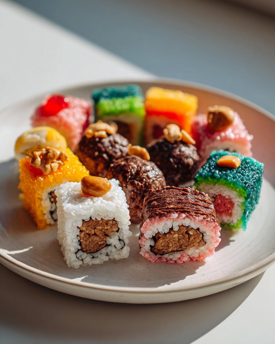 Assorted colorful april fool themed snacks resembling sushi rolls on a white plate.