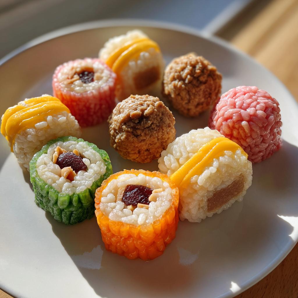 Assorted colorful april fool themed snacks resembling sushi on a white plate.